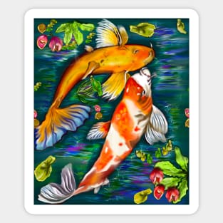 Best fishing gifts for fish lovers 2022. Koi fish pair couple swimming in koi pond with plants and flowers Sticker